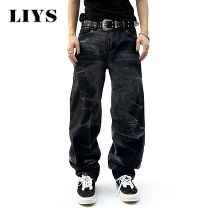 Autumn Men's Black Personalized Straight Leg Retro Jeans American Street Splashed Ink Loose Unisex Denim Pants Trendy Trousers