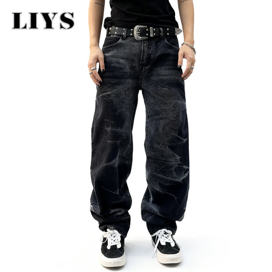 Autumn Men's Black Personalized Straight Leg Retro Jeans American Street Splashed Ink Loose Unisex Denim Pants Trendy Trousers