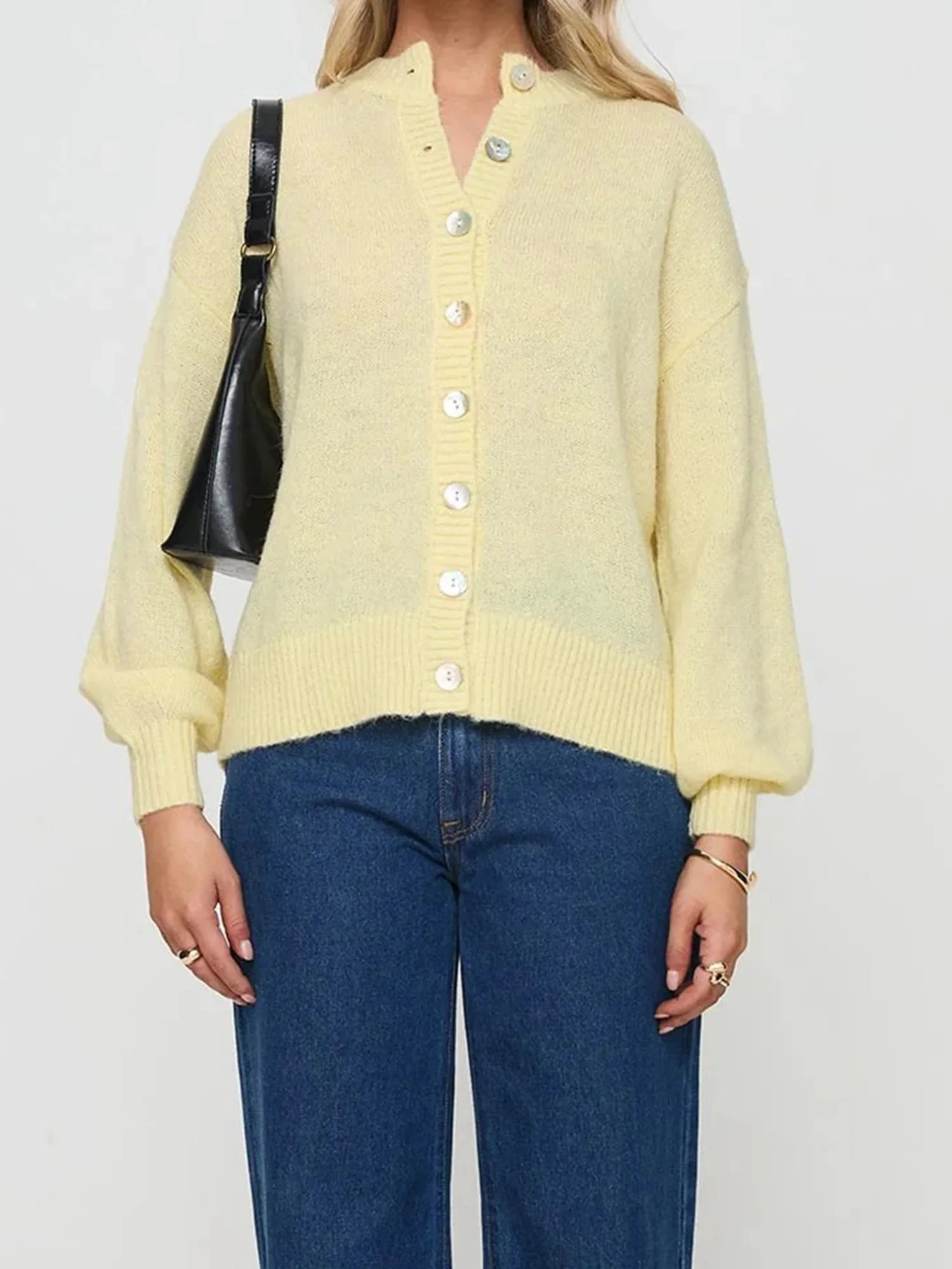 Stylish Women s V-Neck Button Up Knit Cardigan Sweater with Long Sleeves and Loose Fit - Solid Color Fashion Trend