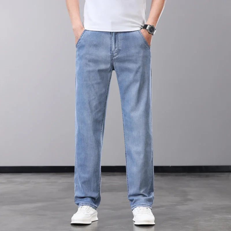 Summer Thin Men's Jeans Lyocell Fabric Soft Breathable Straight Denim Pants Brand Man Elastic Ice Silk Casual Trousers Grey Blue