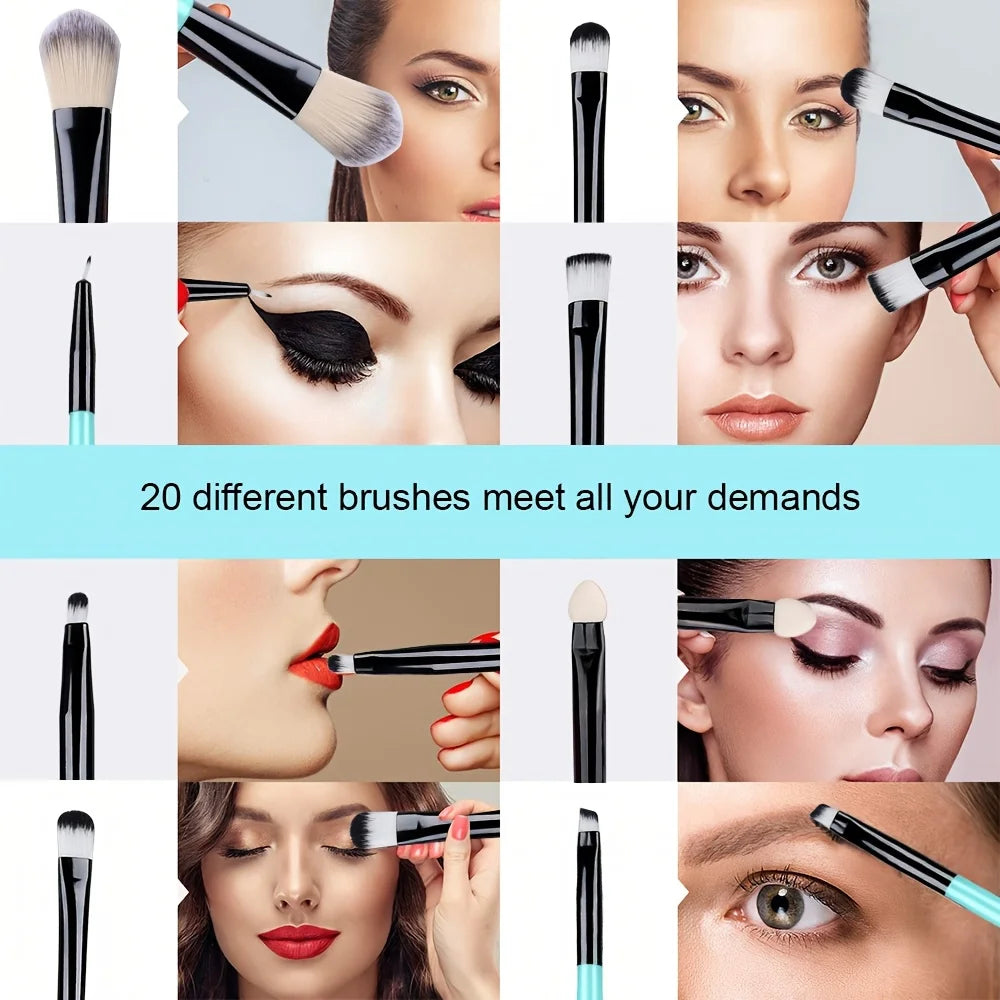 20Pcs Makeup Brush Set Eyeshadow Eyeliner Brushes Foundation Concealers Powder Blush Blending Beauty Tool with Makeup Sponge Kit