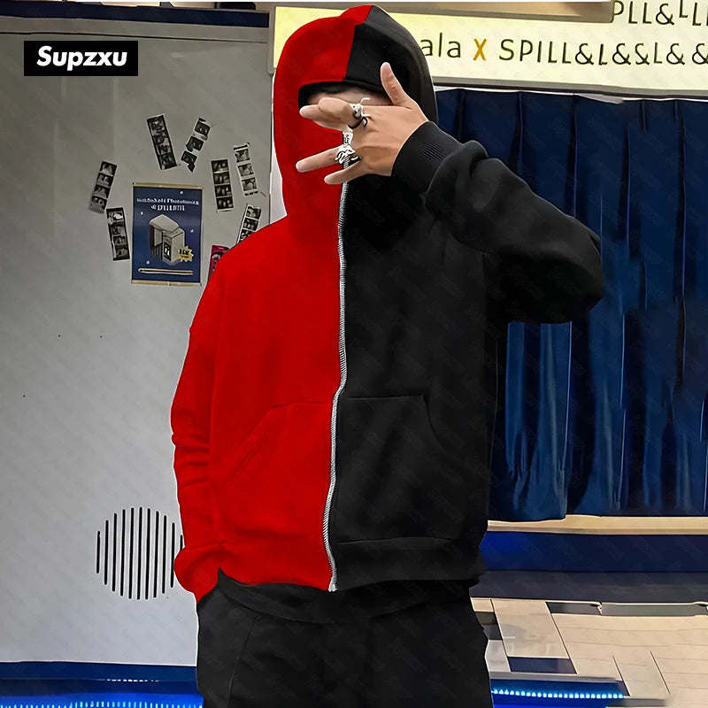 color blocking Hooded Sweatshirt Autumn Winter Long Sleeved Zipper Cardigan Double Headed Hat Mask Functional Casual Streetwear