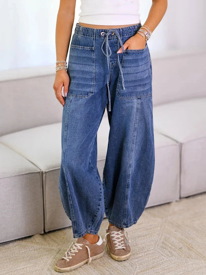Women s High Waisted Denim Jeans Stretchy Elastic Waistband Tie-up Loose Fit Pants with Pockets Perfect for Everyday Street