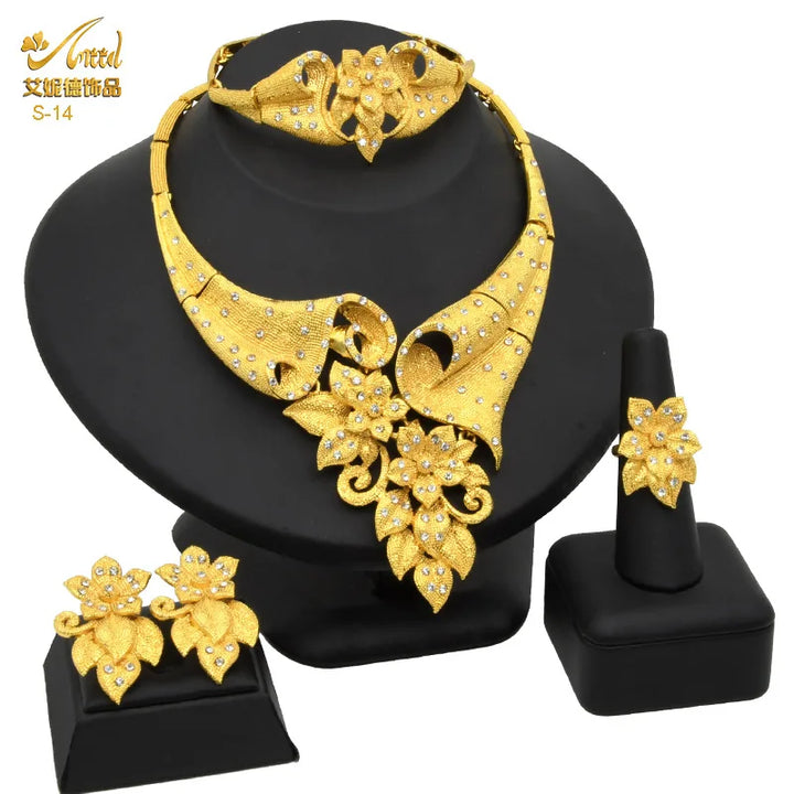 Conjunto de 4 piezas para novia: collar con borlas de flores, pendientes, anillo y pulsera de oro 24K AU999 - Estilo unificado, elegante con vestidos de boda