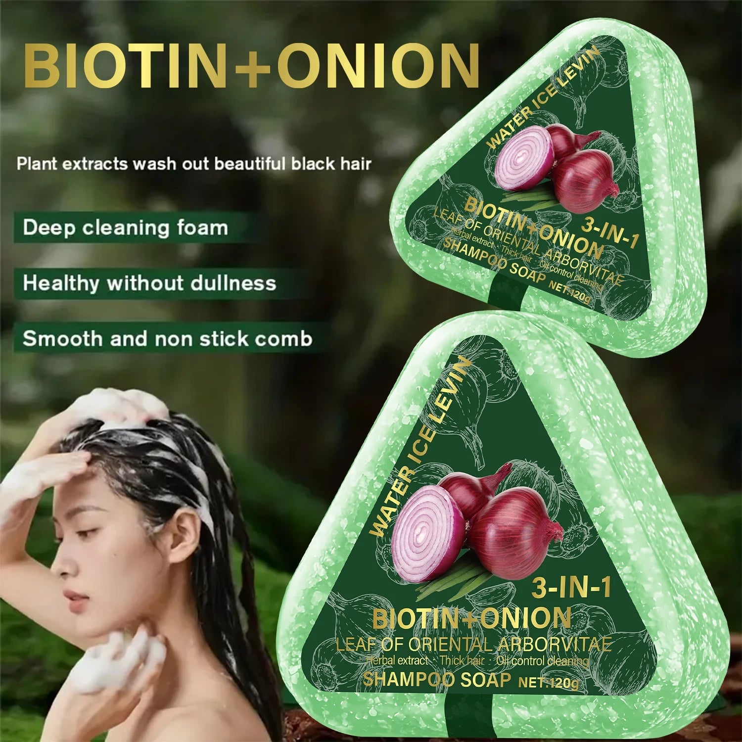 Biotin Onion Hair Soap. 3-in-1 Formula. Plant Extracts Deep Cleaning. Healthy Black Shine. Smooth Non-Stick Comb. 120g Net. Halalzen