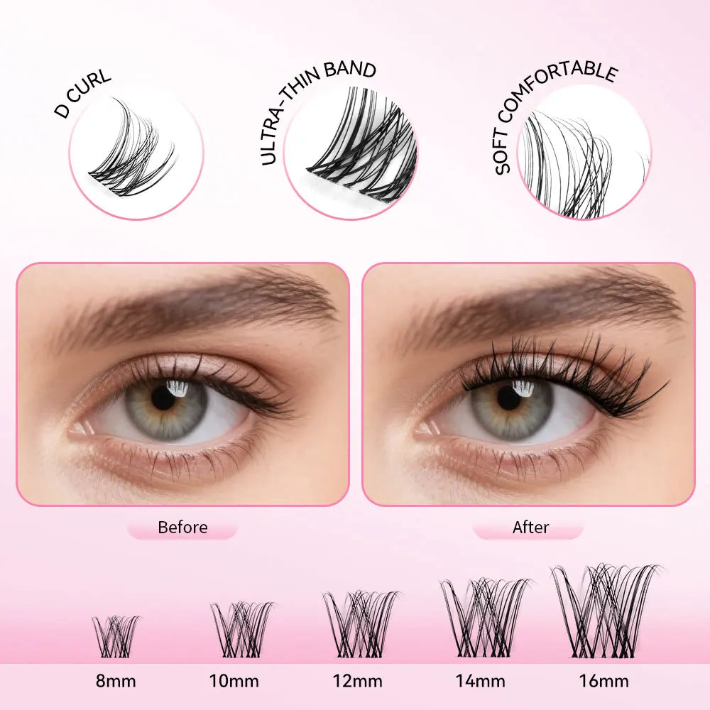 uCoolMe Lashes Venus Super Natural Clusters Kit with Bond and Seal Remover Long-lasting Waterproof Beginner Friendly Makeup Tool
