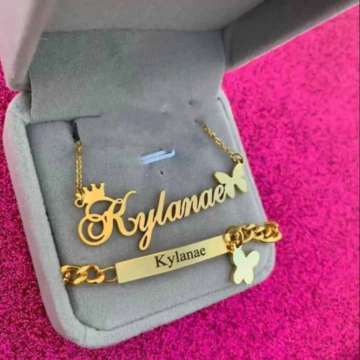Collar y pulsera personalizados con nombre y mariposa de corona para mujer, joyería de acero inoxidable color dorado, placa con nombre, juego para niños, mejores regalos