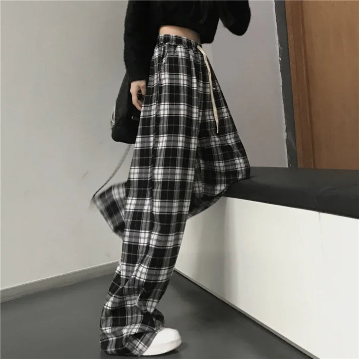 Oversize-Sweatpants für Damen, modische schwarze Karohose, lässige Hose mit elastischem Bund und Taschen, Unisex-Hip-Hop-Hose, locker geschnitten