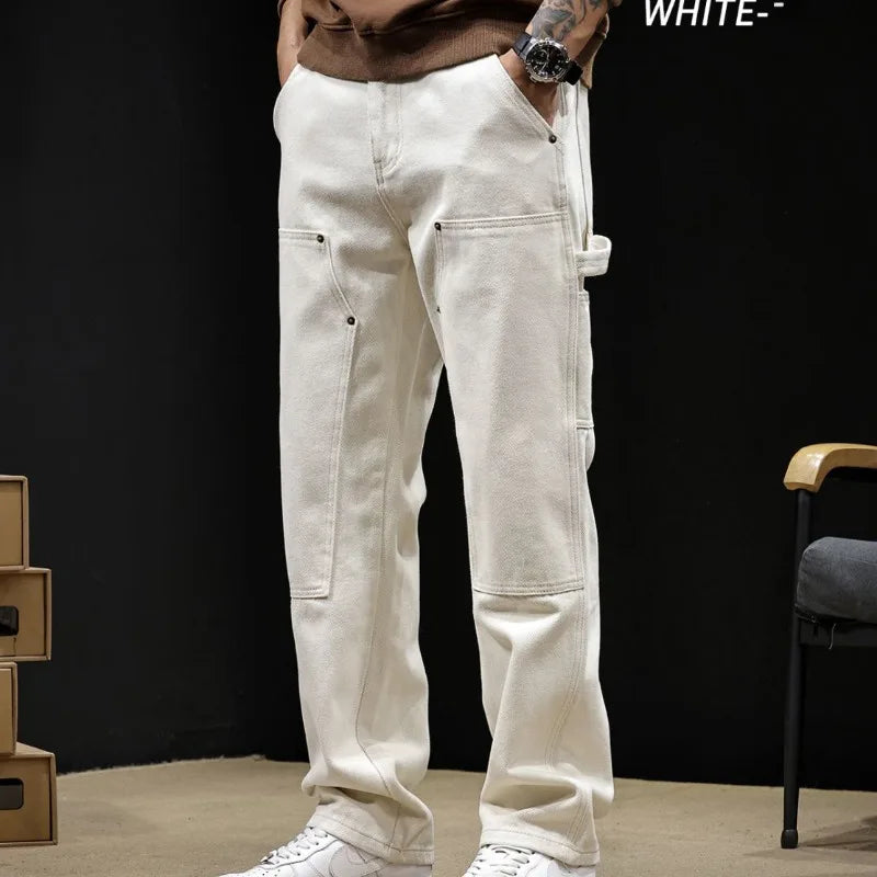 White Workwear Thigh Patch Jeans Men's New Woodcutter Rivet Straight Denim Pants Spring Autumn American Retro Cotton Cargo Pants