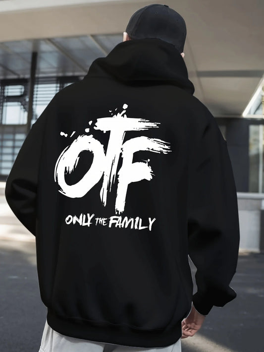 2025 Men's OTF Graffiti Print Hooded Sweatshirt - Loose Fit Thick Winter Pullover, Black and White Street Style with OTF Letters