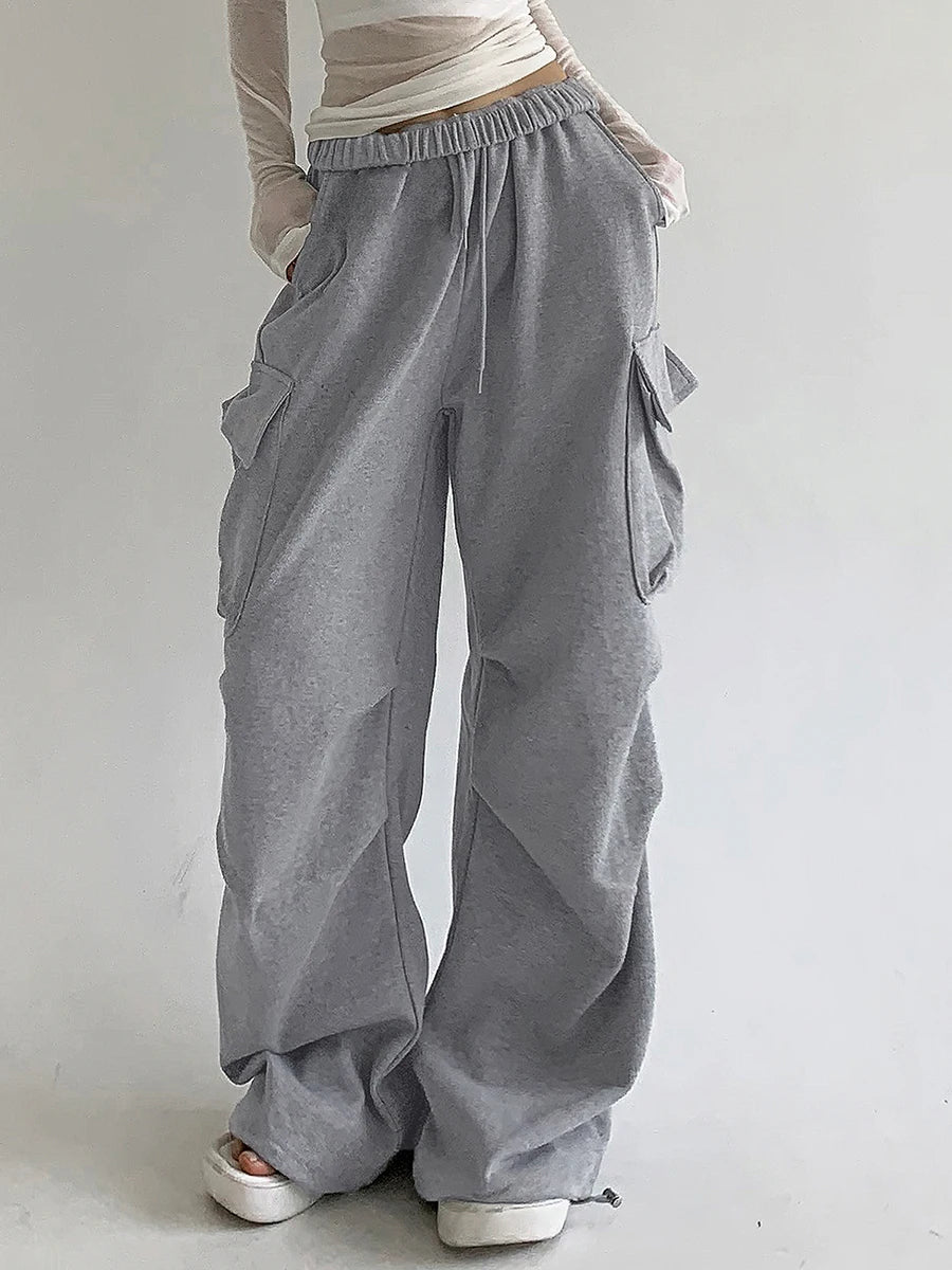 Women s Baggy Cargo Pants High Waist Solid Color Parachute Pants Ruched Sweatpants with Flap Pockets