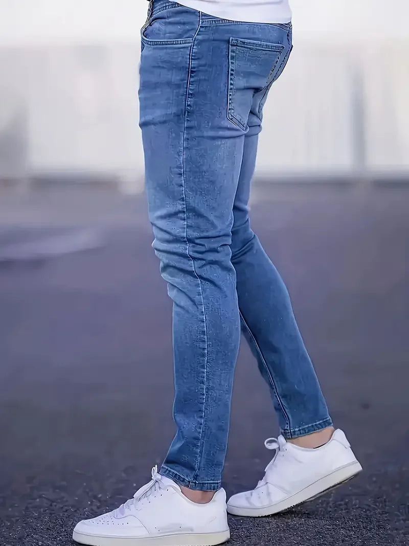 Men's Skinny Fit Wide Leg Jeans, Men's Stylish Comfy Denim Pants, Versatile For Four Seasons