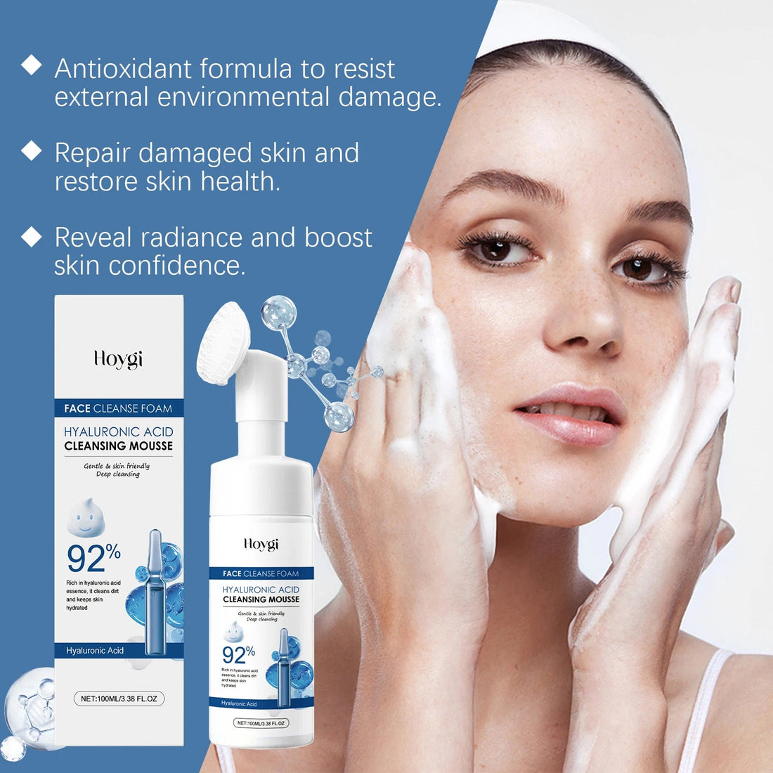 Hyaluronic Acid Cleansing Foam Gentle Moisturizing & Nourishing Oil Control Brightening Rejuvenation Face Wash Foam Face Cleanse Halalzen
