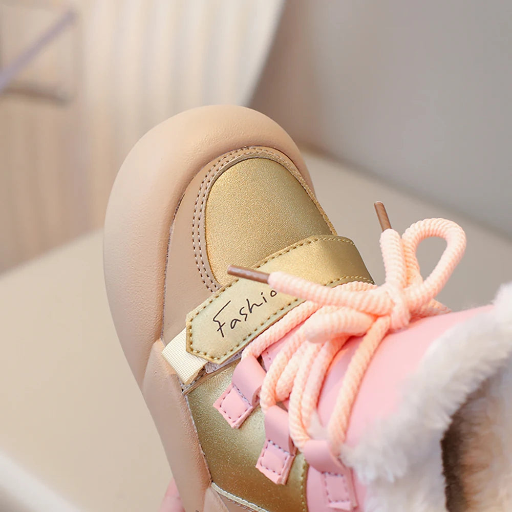 Winter Plush Snow Boots For Children PU Leather Waterproof Cotton Shoes Trend Fashion Teenager Kid's Velvet Boots Winter Shoes