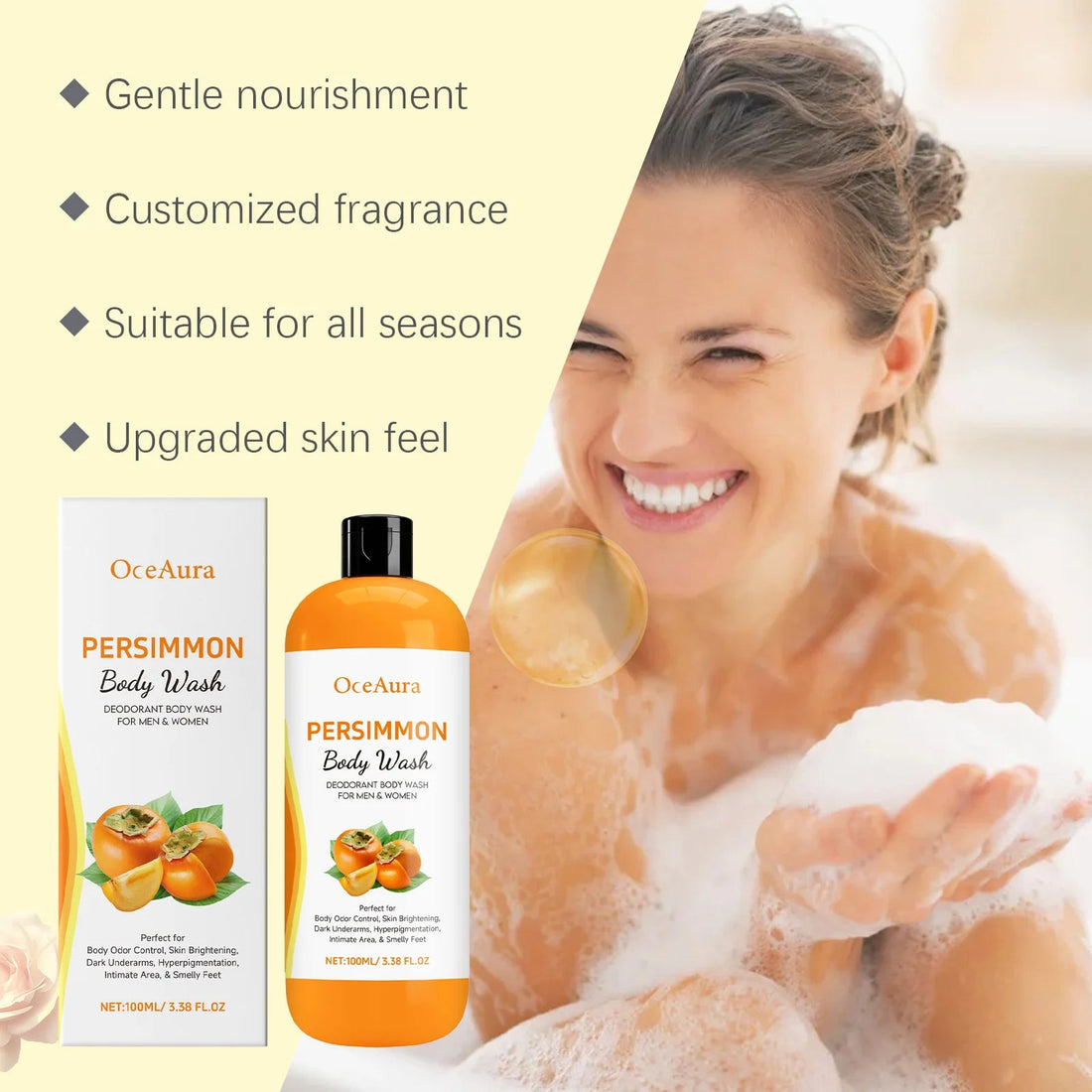 OceAura Persimmon Body Wash Moisturizing Skin Cleaning Smooth Soft Body Odor Remover Bath Products Exfoliating Shower Gel 100ml Halalzen