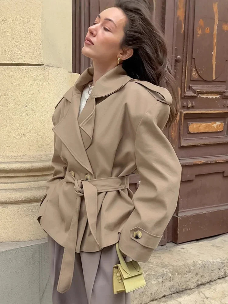 Vintage Solid Slim Women's Windbreaker Turn-down Collar Long Sleeve Lace Up Waist Cinching Jackets New Chic Lady Locomotive Tops