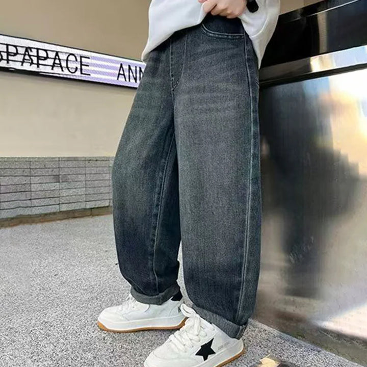 Boys Plush Warm Jeans Autumn Winter Kids Fashion Embroidered Letter Denim Pants Casual Loose Straight Trousers for 5-14 Years