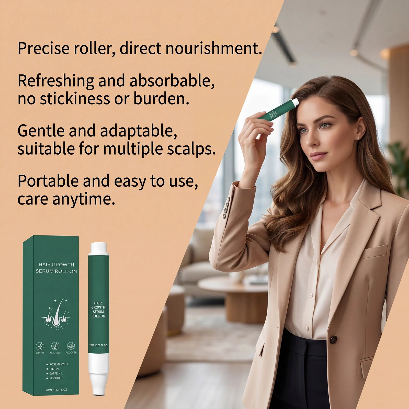 20ml Rosemary Oil Hair Growth Serum Roll-on Biotin Caffeine Peptides Scalp Massager Anti Hair Loss Thinning Treatment Spray