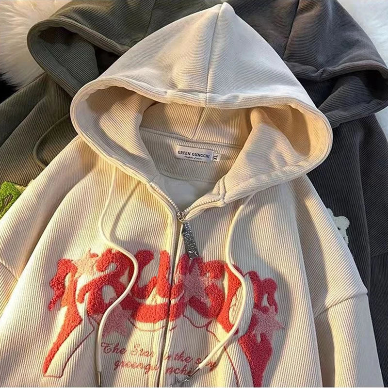 Corduroy Embroidery Loose Hoodies Women Autumn Long Sleeve Tops Zipper Hood Shirt Harajuku Y2K Clothes Female Sweatshirt Jacket