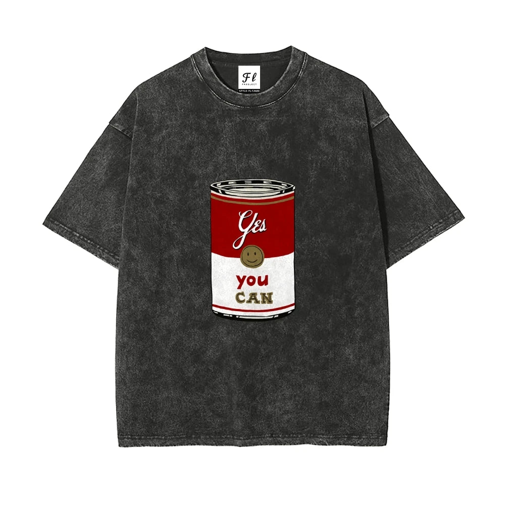 Motivate Can Tee Yes You Can Can Pattern Washed Casual Loose Short Sleeved Creepy Charming Inspiring Comfortable Top