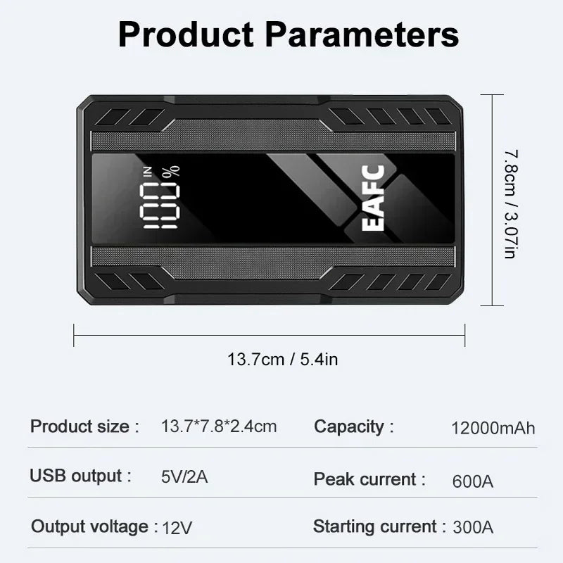 EAFC 1000A/1200A Jump Starter Power Bank Portable Charger Starting Device for 3.0L Emergency Car Battery Jump Starter