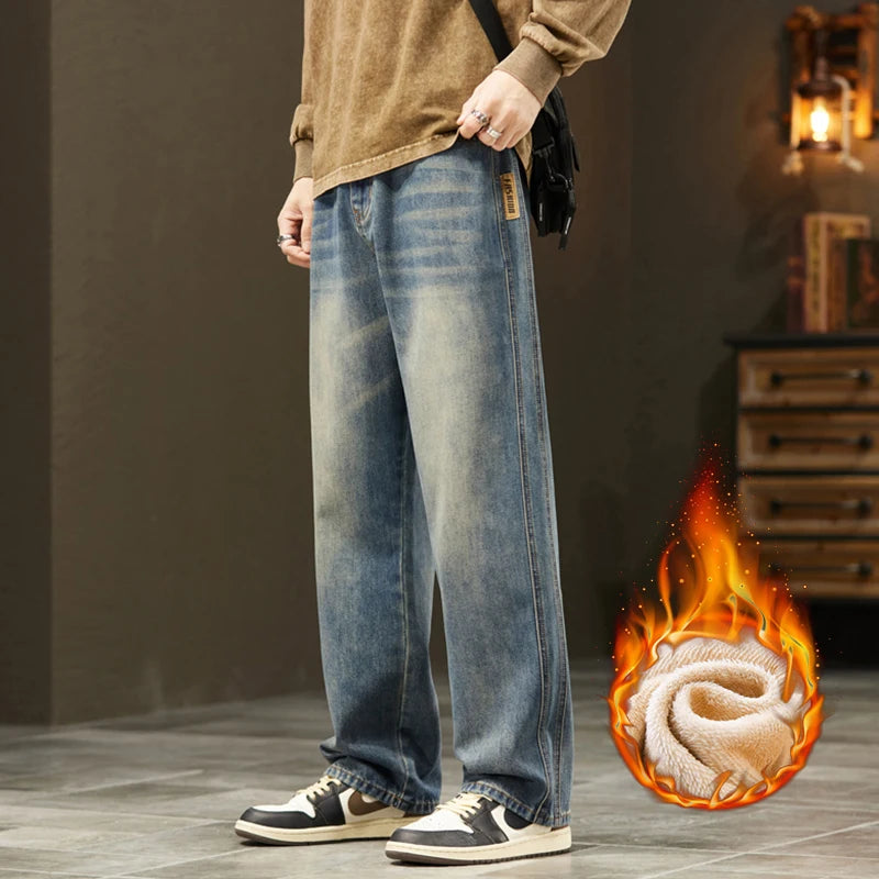 Winter Fleece Thick Cotton Jeans Men Warm Korean Velvet Loose Wide Pants Elastic Waist High Quality Outdoors Plush Trousers HALALZEN