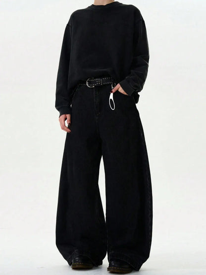 High Streets Summer Men's Jeans New American Wide Leg Curved Knife Denim Pants Loose Solid Color Male Trendy Trousers