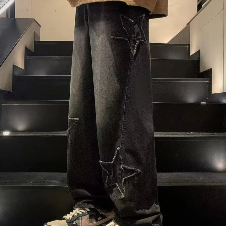 Star Embroidery Straight Casual Men Jeans Neutral Wide Leg Loose Hip-hop Fashion Youth Streetwear Denim Trousers Y2K pants men