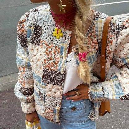 Fall Winter Women's Quilted Coats Jacket Lightweight Fashion Floral Print Casual Long Sleeve Button Cardigan Outwear Streetwear