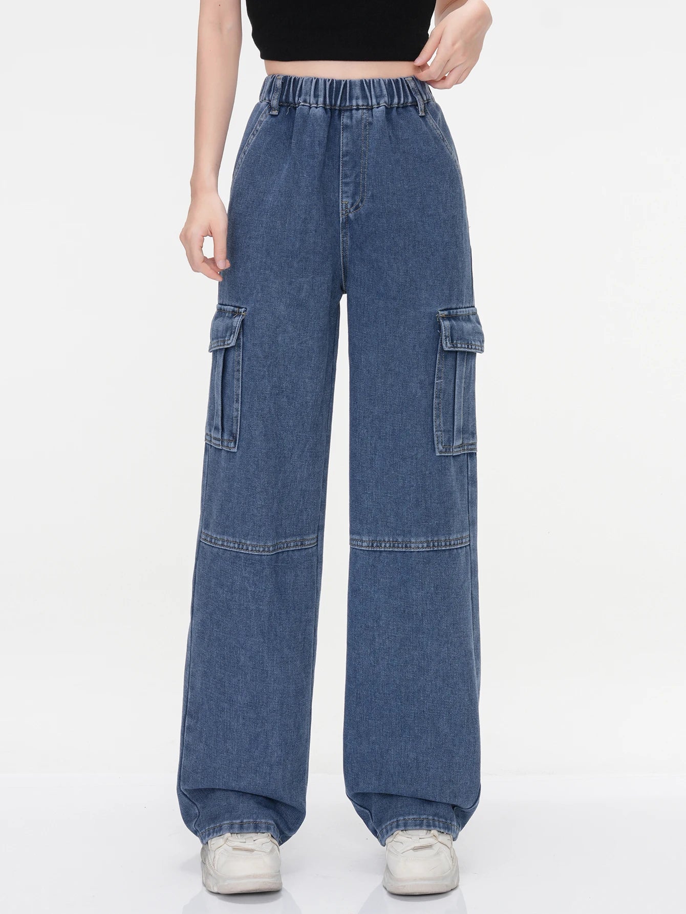 Women's Vintage Washed Cargo Jeans - High Waist Straight Wide Leg Denim Pants for Girls, Casual Stretch Slimming College Style R