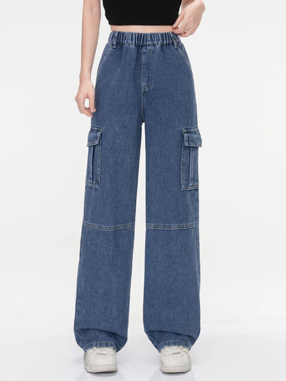 Women's Vintage Washed Cargo Jeans - High Waist Straight Wide Leg Denim Pants for Girls, Casual Stretch Slimming College Style R