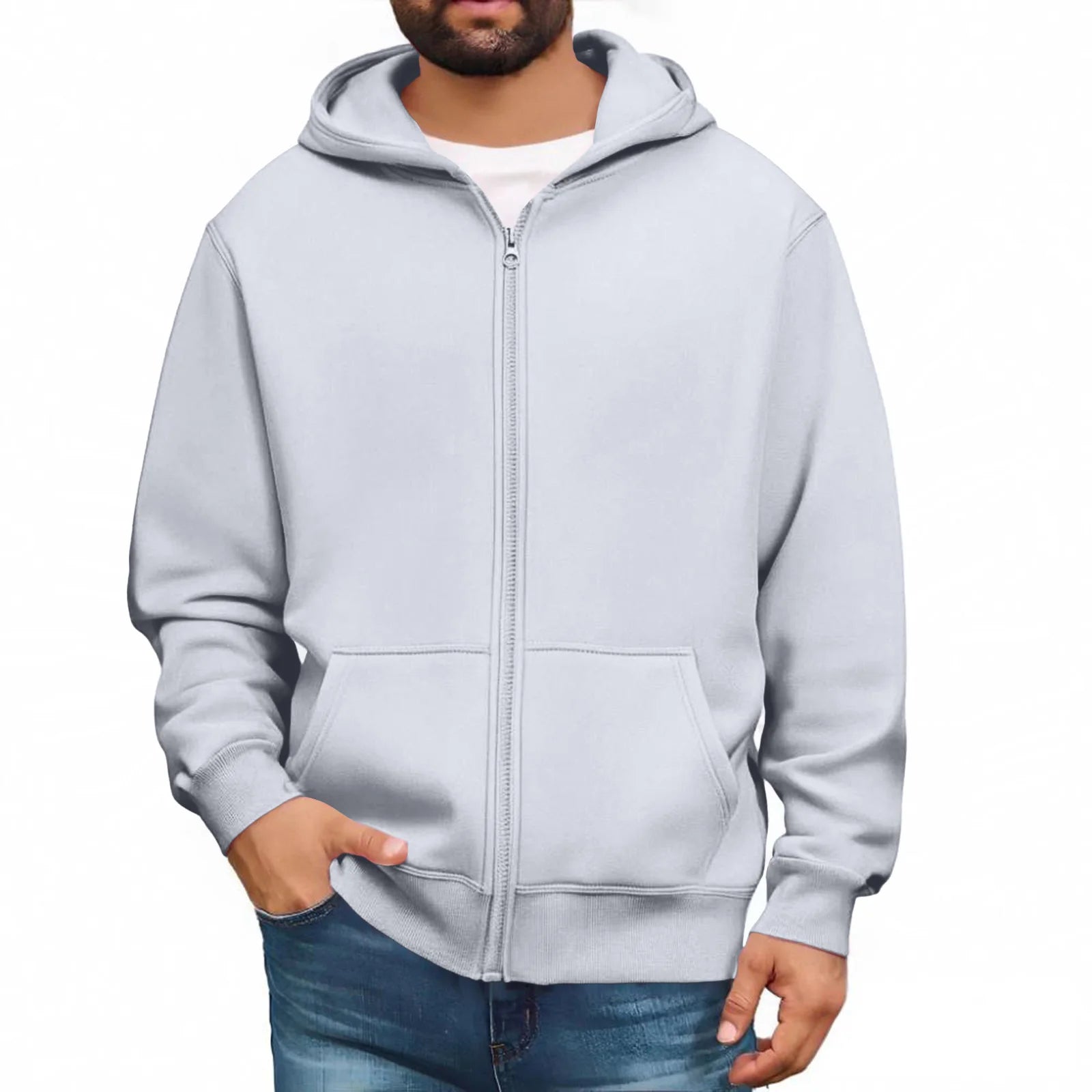 Men zip up hoodie plain color casual streetwear pullover jacket soft cozy fashionable urban youth winter hooded sweatshirt
