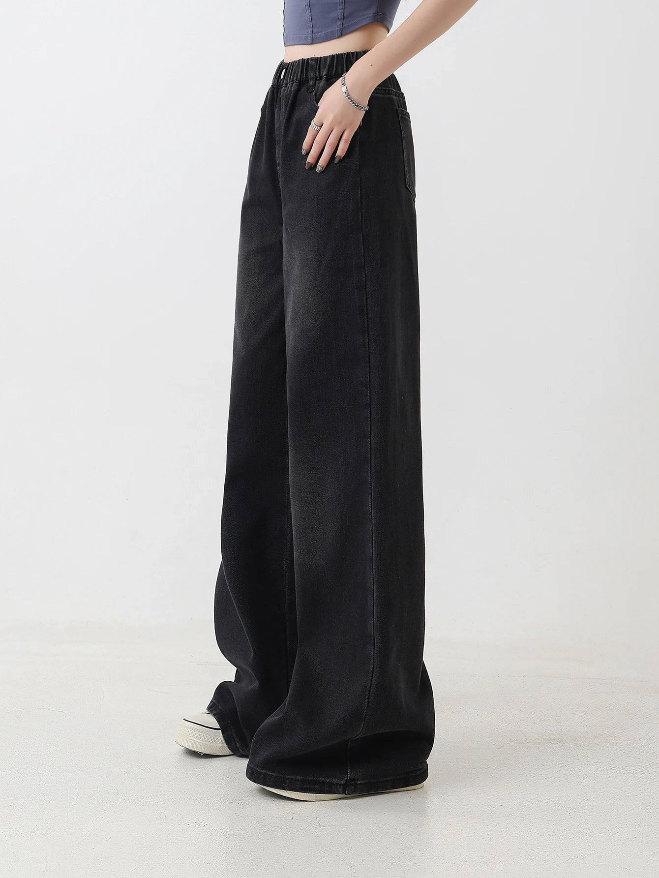 Preppy Style Versatile Black Washed Jeans for Girls – Vintage Loose Fit Straight-Leg Wide Pants, Trendy & Chic