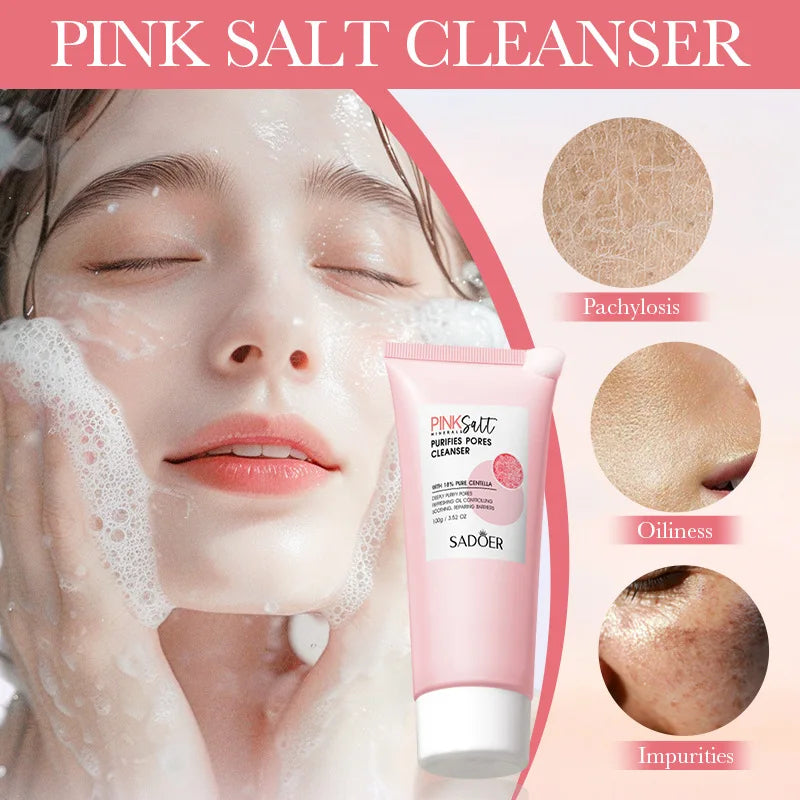 SADOER Himalayan Pink Salt Facial Cleanser Deep Cleansing Moisturizing Face Wash Foam Cleanser Face Cleansing Skin Care Halalzen