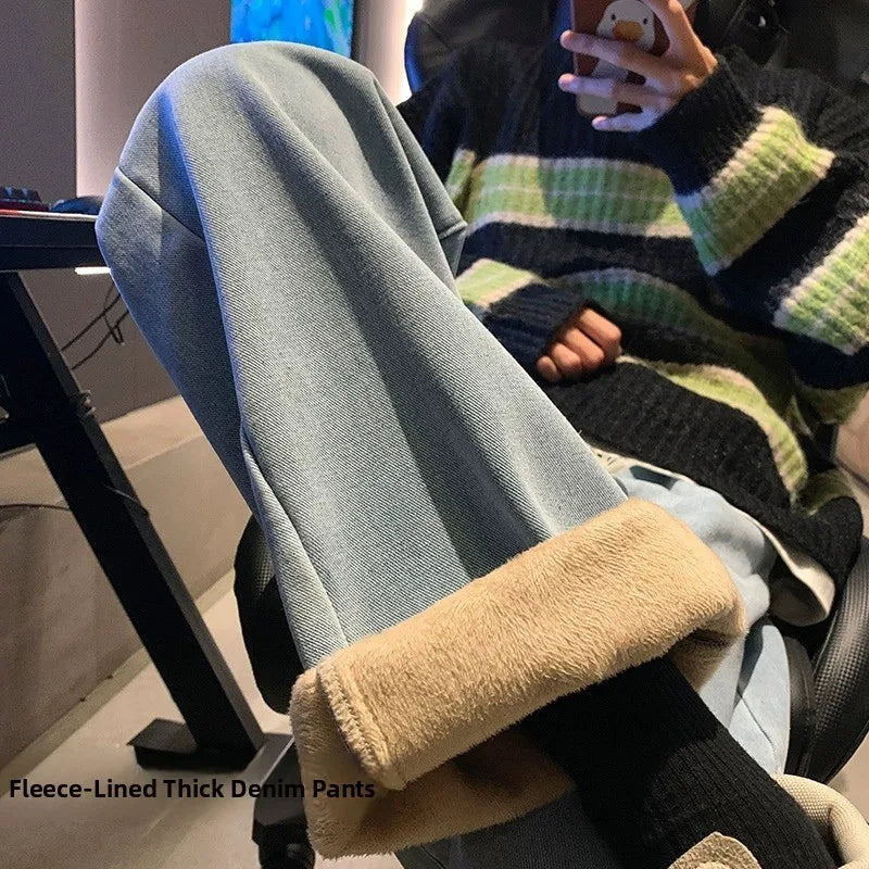 Thiened Fce Lined Thi High Waist Loose Fits Jeans Womens Winter Straight Leg Wide Leg Trousers Wear Resistd Denimcloth...