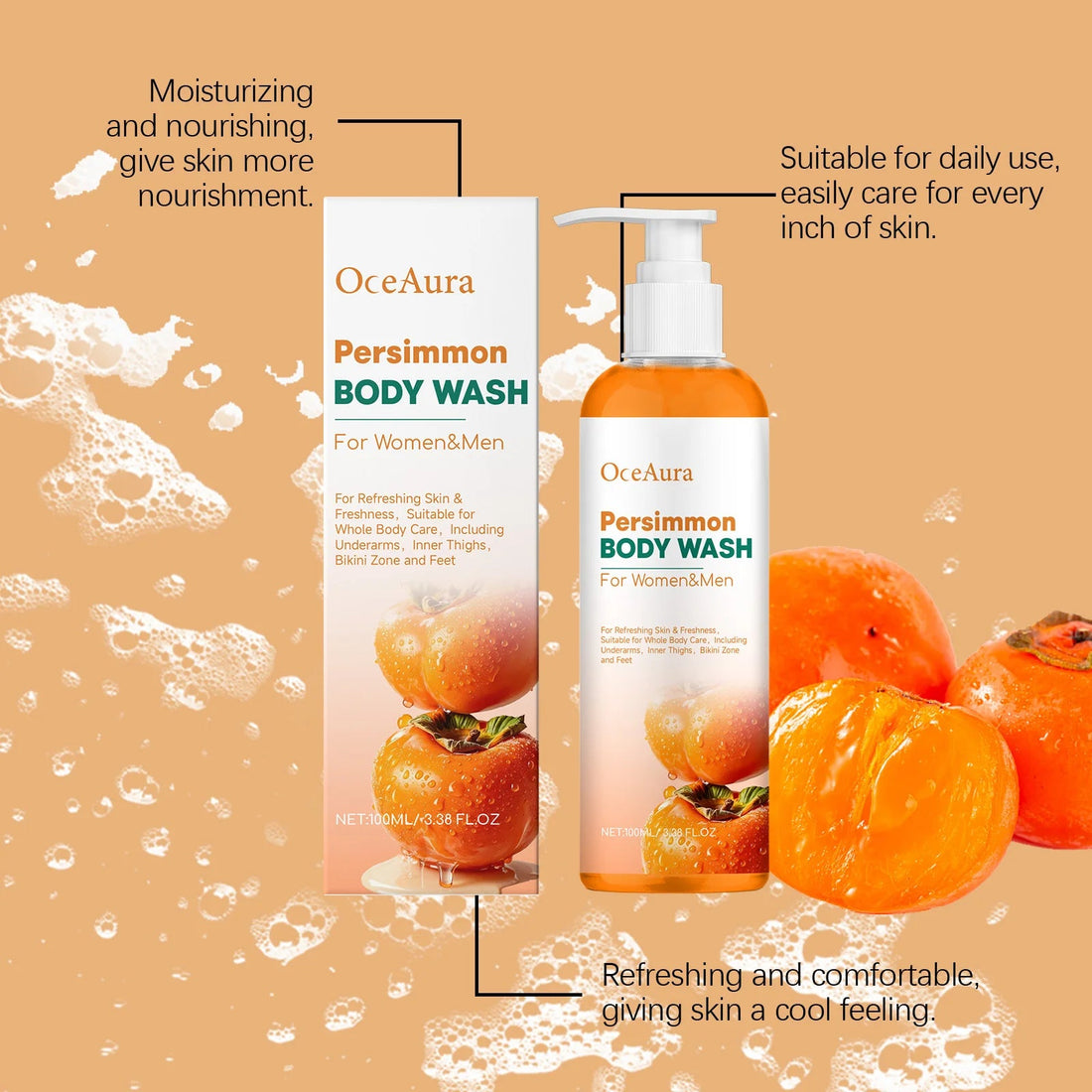 Persimmon Body Wash Remove Dirt Sweat Eliminating Odor Oil Control Exfoliating Smoothing Softening Lasting Aroma Foam Shower Gel Halalzen