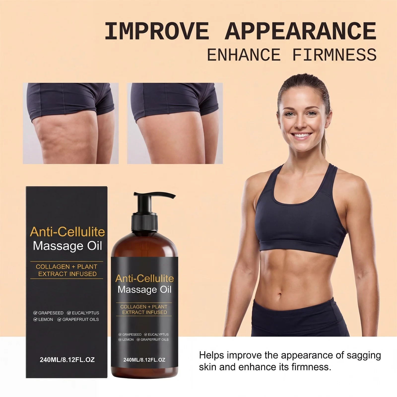 Firming Body Massage Oil with Collagen Anti Sagging Smoothing Cellulite Improve Skin Texture Refreshing Body Oil for Legs & Full