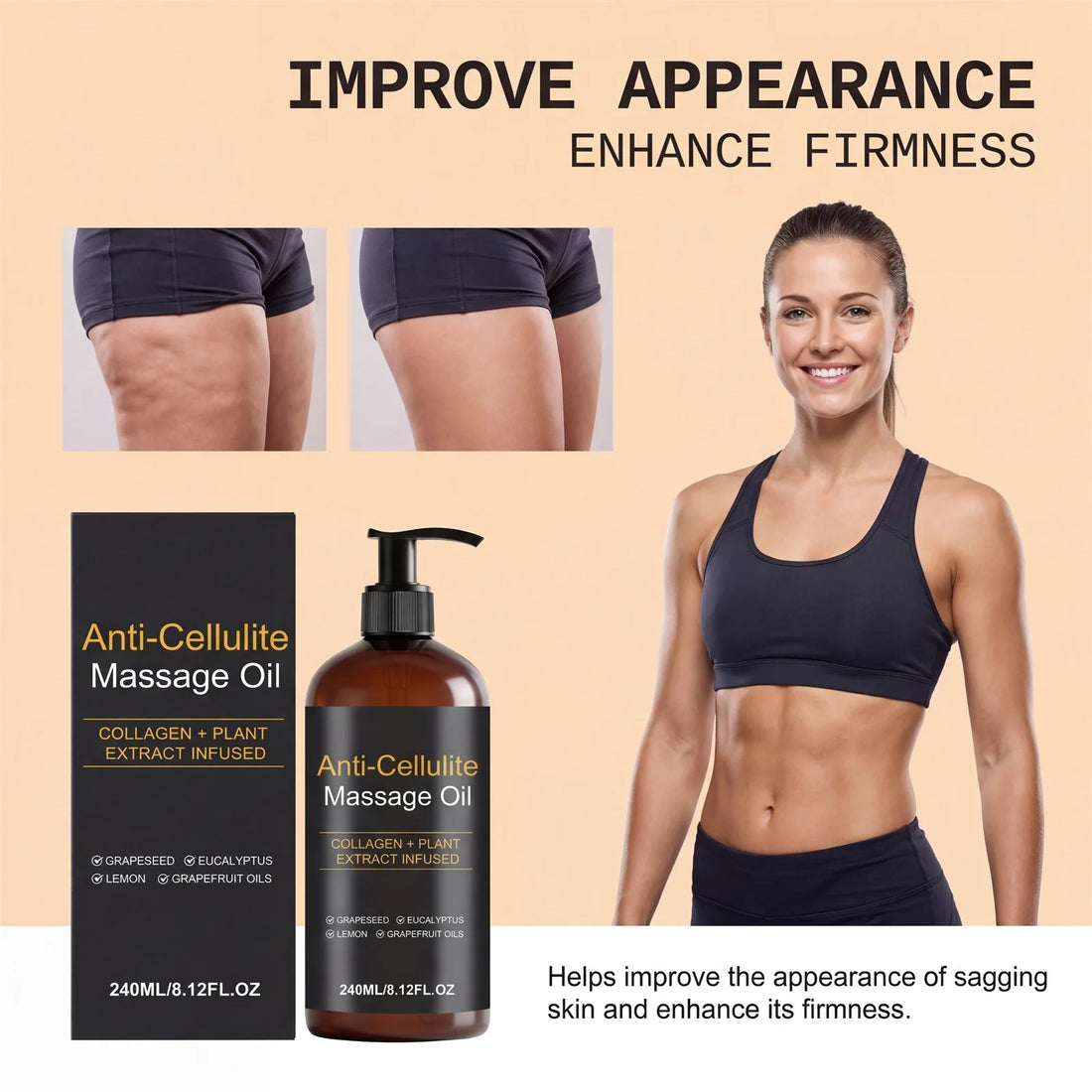 Firming Body Massage Oil with Collagen Anti Sagging Smoothing Cellulite Improve Skin Texture Refreshing Body Oil for Legs & Full
