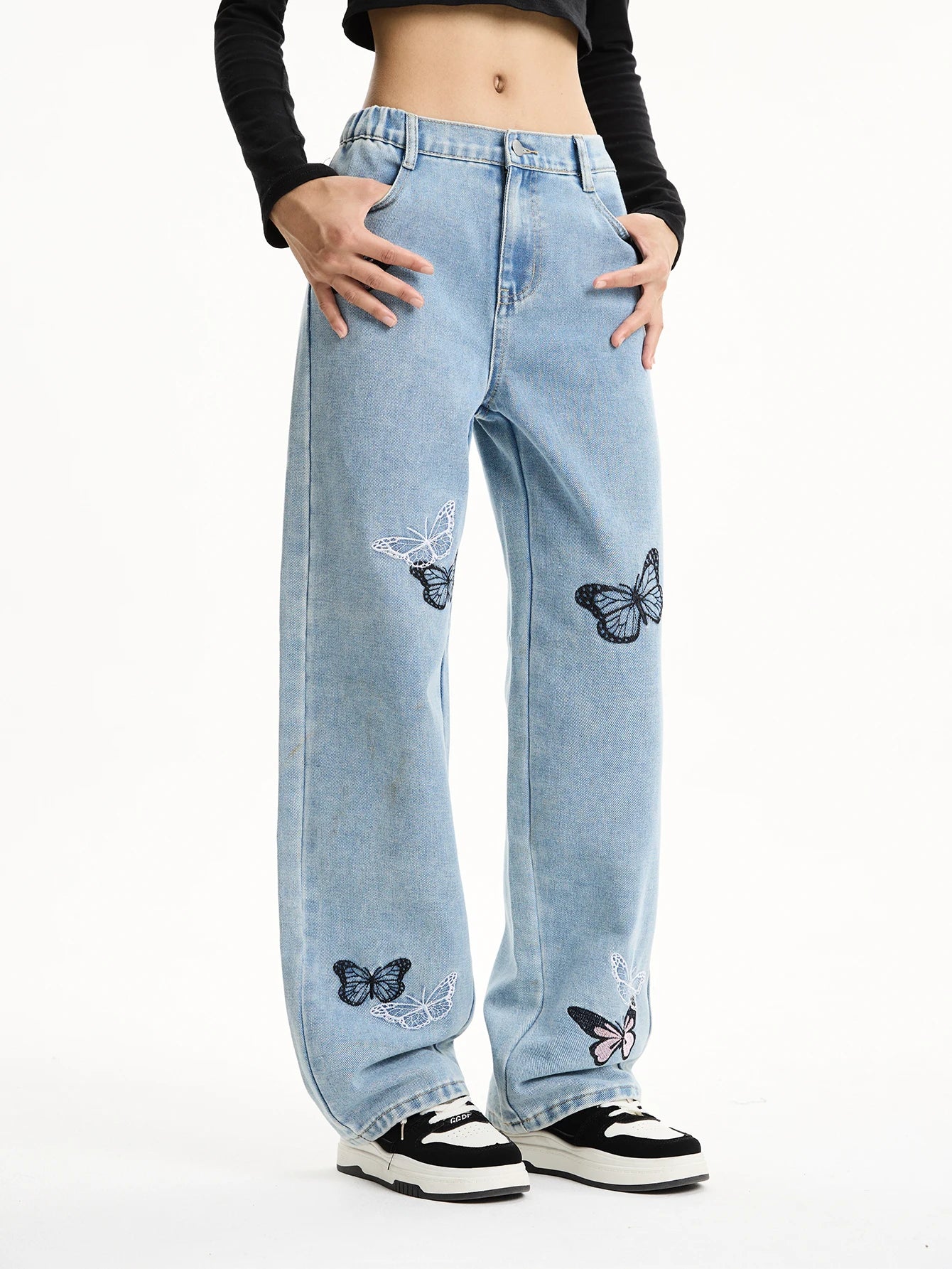 Medium and large girls teenager butterfly print loose wide-leg straight pants casual long versatile jeans