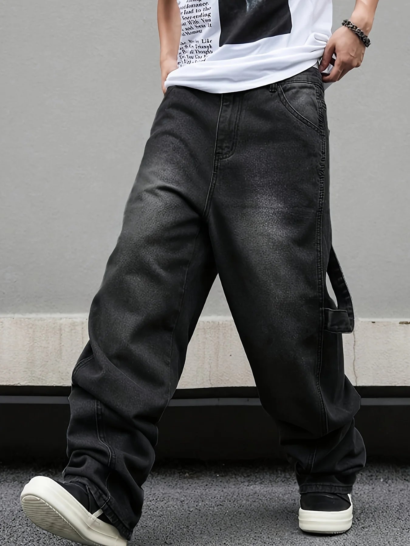 High street American Vibe pleated design micro flared jeans men's loose straight leg hanging wide leg pants men