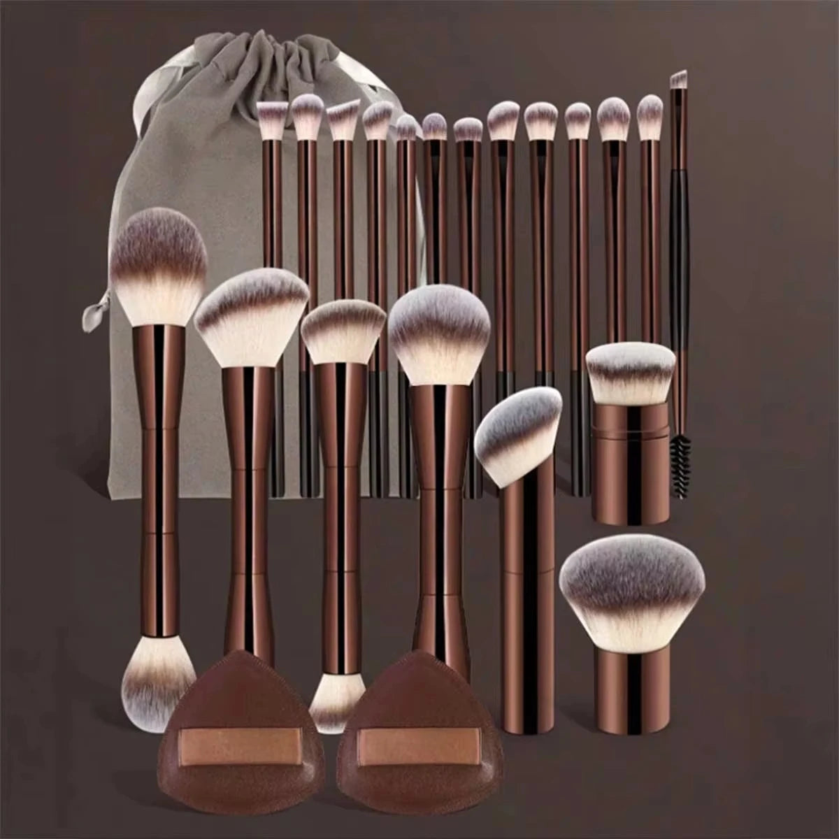 22-piece professional makeup tool set, including a velvet storage bag, 20 soft long aluminum tube  brushes + 2 powder puff