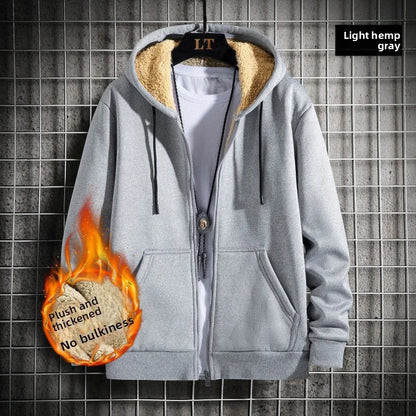 2025 Plush Lined Hoodie Men - Winter Thickened Zip Up Sweatshirt Youth Drop Shoulder Outerwear S-5XL College Style