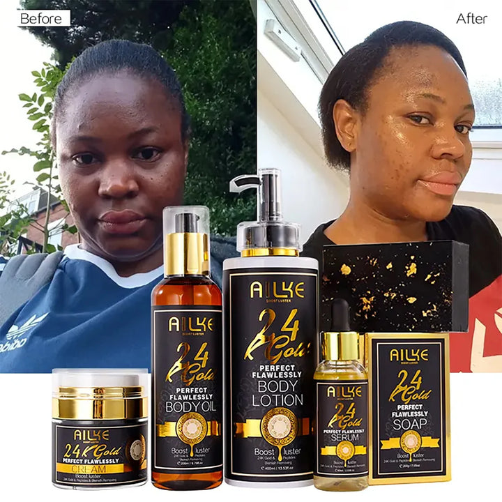 AILKE 24k Gold Flawlessly Whitening Skin Care Set For All Skin Type, Moisturizer, Reduce Black Spots, Smoothing, Brightening