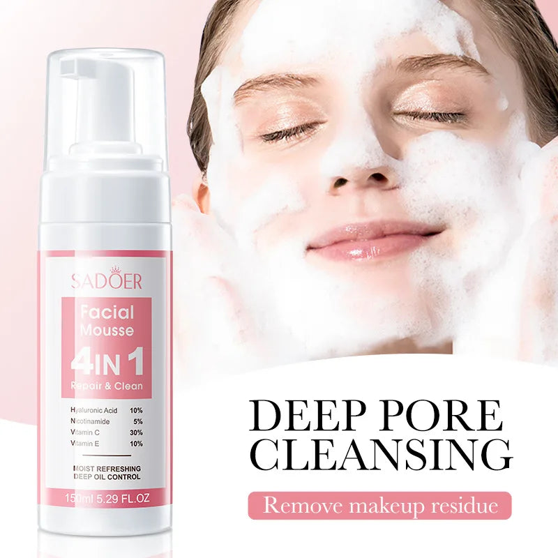 SADOER 4 in 1 Facial Mousse Face Wash Foam Facial Cleanser Moisturizing Whitenting Hydrating Face Cleansing Skin Care Halalzen