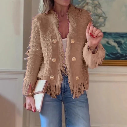Casual Long Sleeve Plush Outercoat Autumn Winter Elegant Solid Color Cardigan Coat 2025 Women Fashion V-neck Tassel Short Jacket
