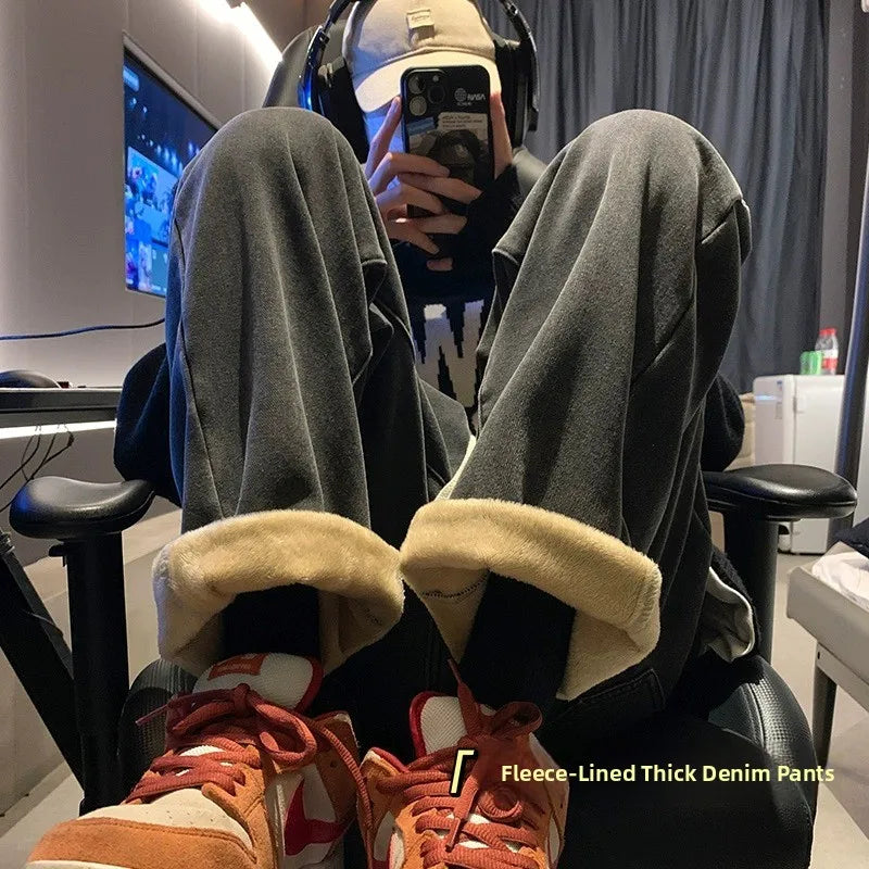 Thiened Fce Lined Thi High Waist Loose Fits Jeans Womens Winter Straight Leg Wide Leg Trousers Wear Resistd Denimcloth...