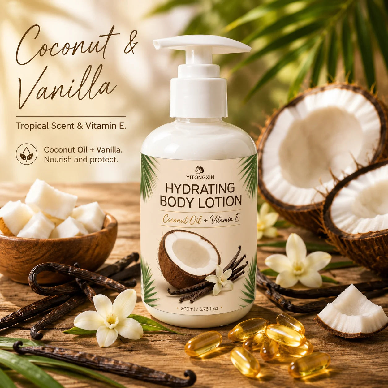 200m Coconut Oil & Vitamin E Body Lotion Coconut Vanilla Scent Hydrating Moisturizer for Smooth Skin, Non-Greasy Fast Absorbing