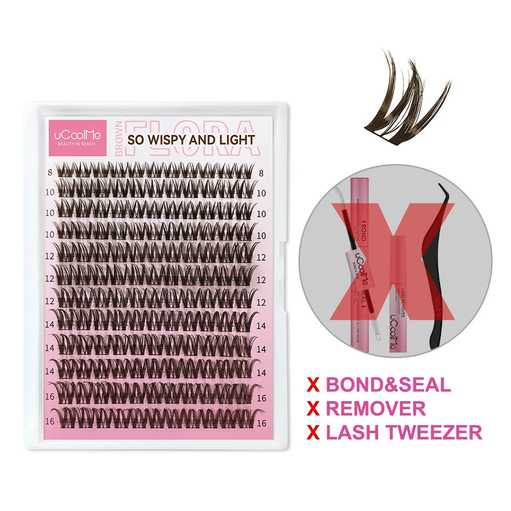 uCoolMe Lashes Brown Flora Long-lasting Waterproof Wispy Clusters Kit with Bond and Seal Remover Beginner Friendly Makeup Tool
