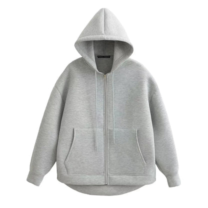 TRAFZA 2025 Casual Women's Soild Zipper Hoodie Long Sleeve Big Pocket Zipper Jacket With Hood Female Loose Outerwear Coat Tops
