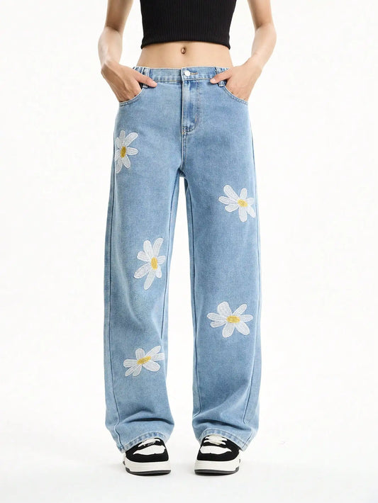 Middle and large girls youth college style loose wide-leg straight pants casual long versatile jeans